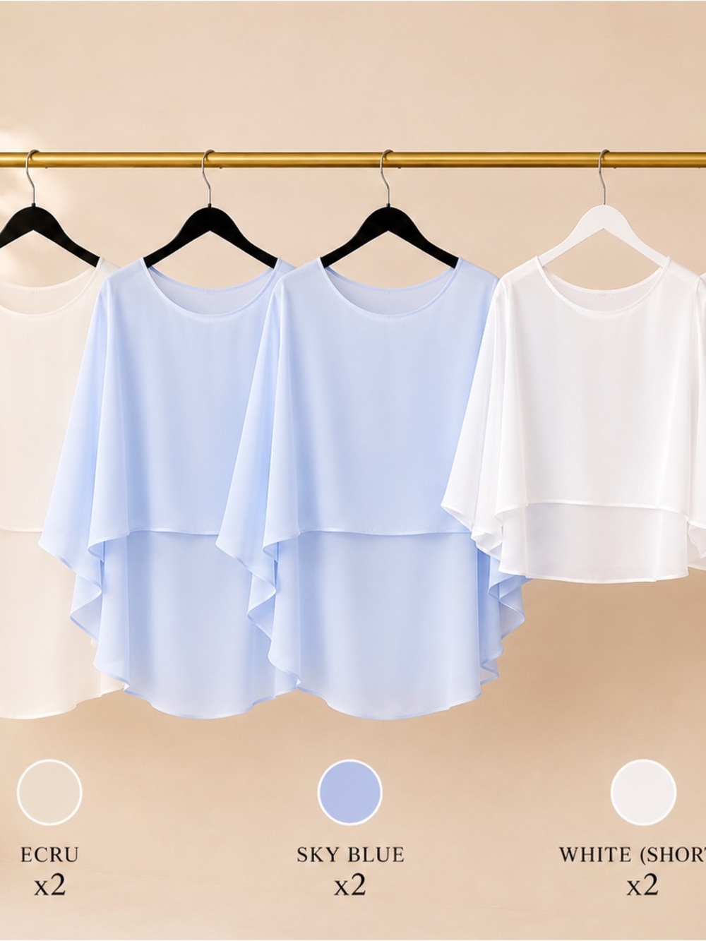 One white long, 2 Sky Blue & 2 white short cape Chiffon Tunics